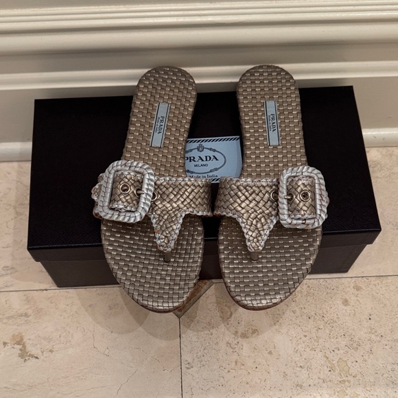 Prada Metallic Woven Buckle Slide Sandals - Gold